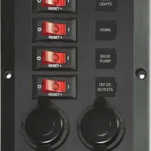 Blue Sea budget paneel 12 volt 4 voudig + 2x contactdoos